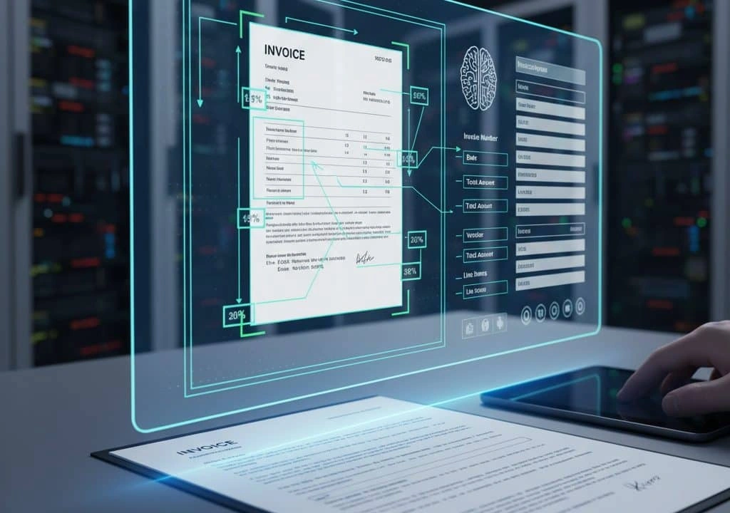 Futuristic AI brain connecting document extraction, analysis, reporting and form automation